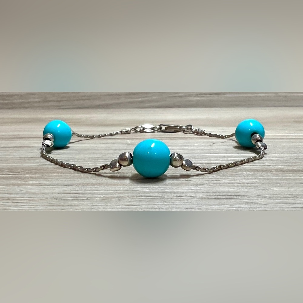 Vintage Sterling Silver ITALY Turquoise Boston Link Chain Bracelet, 7", 2.5g
